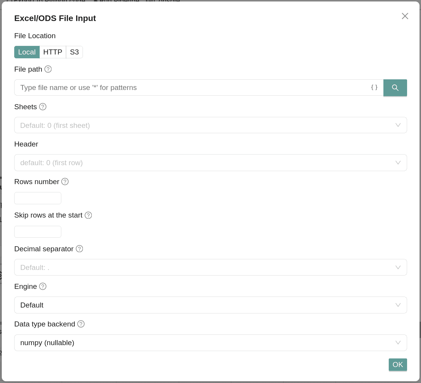 Загрузка данных Excel (XLSX, XLS, ODS)