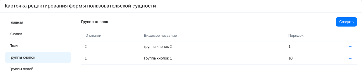 Карточка редактирования формы: Группы кнопок