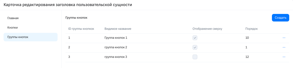 Карточка редактирования заголовка: Группы кнопок