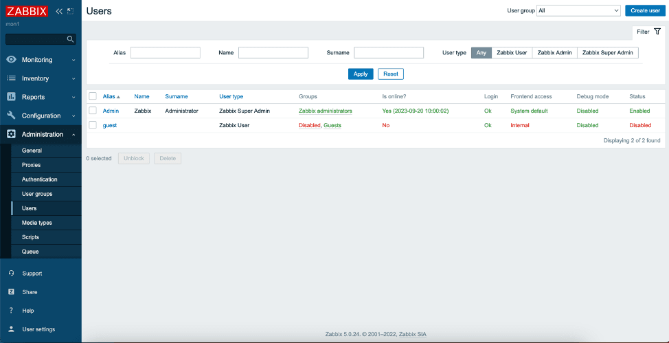 Раздел управления пользователями в Zabbix